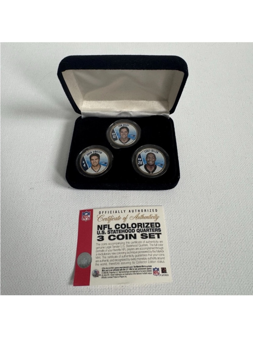 NFL Patriots Brady Vinatieri Dillon 3 Coin Set Colorized Quarters w/COA